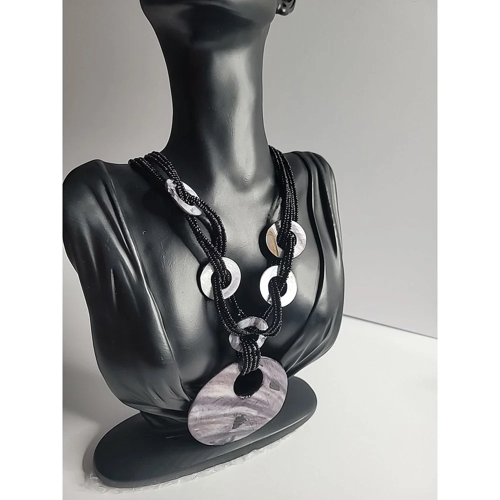 Artisan‎ Style Purple Shell Look Pendant Necklace Black Seed Bead Multi Strand